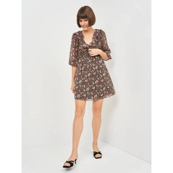 Zara Dress Black Floral Print 3/4 Sleeve V Neck Mini Lined - Picture 4 of 13